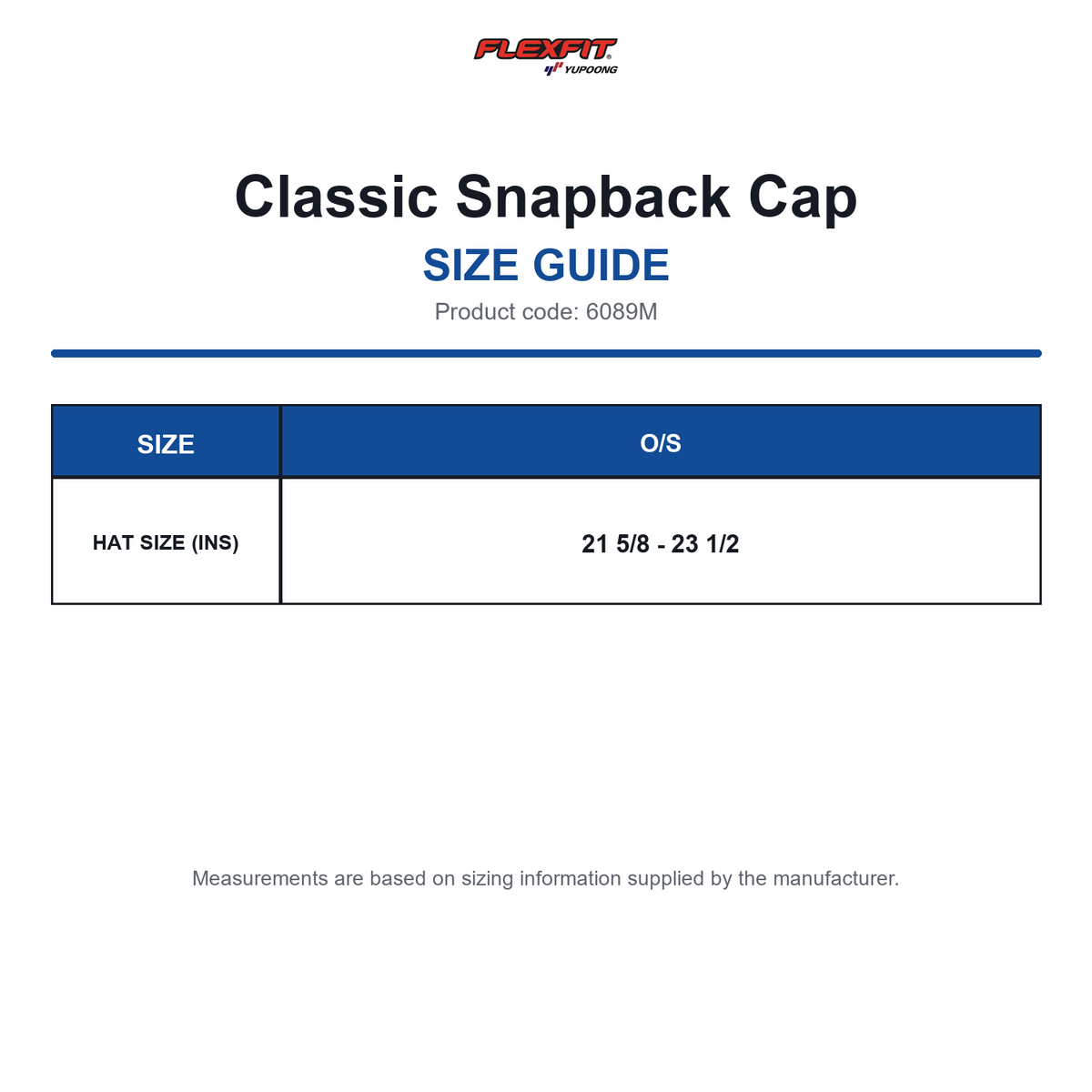 6089M Flexfit Classic Snapback Cap size guide (6089M)