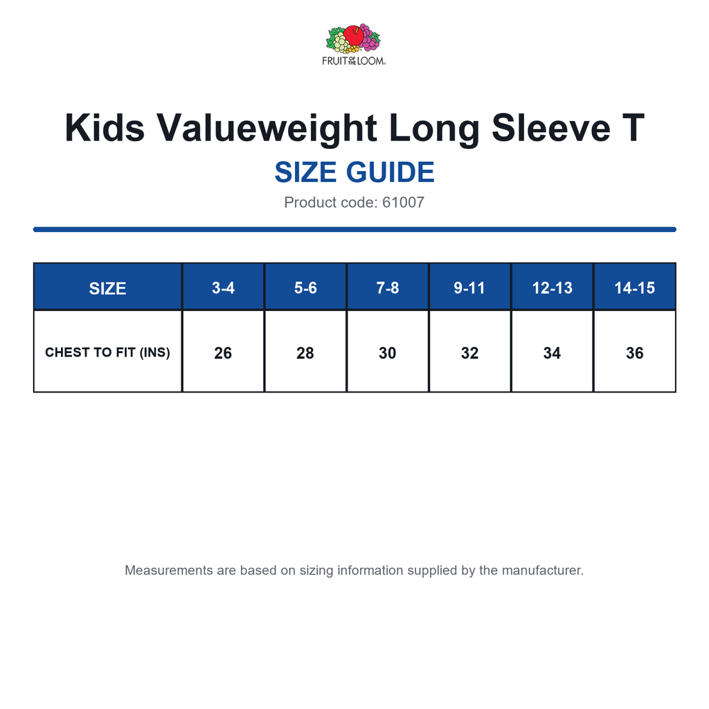 61007 FOTL Kids Valueweight Long Sleeve T size guide (61007)
