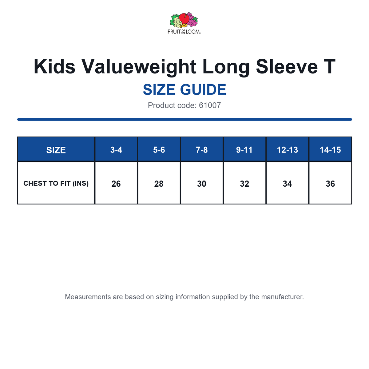 61007 FOTL Kids Valueweight Long Sleeve T size guide (61007)