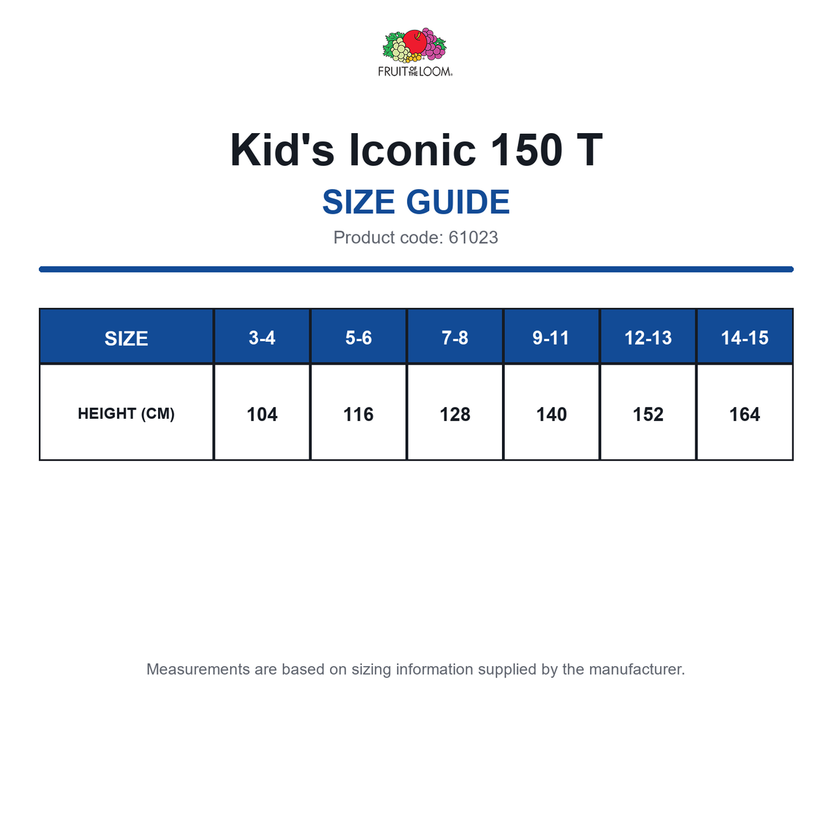 61023 FOTL Kid's Iconic 150 T size guide (61023)
