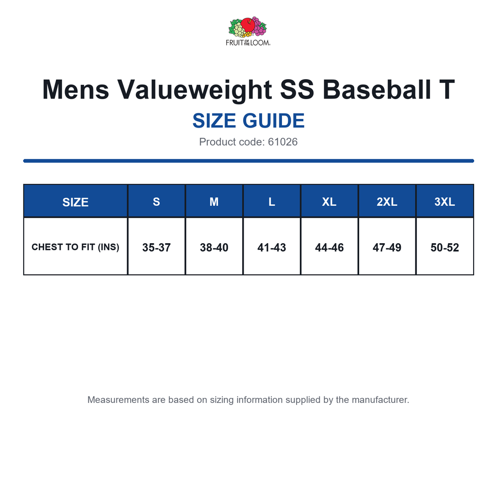61026 FOTL Mens Valueweight SS Baseball T size guide (61026)