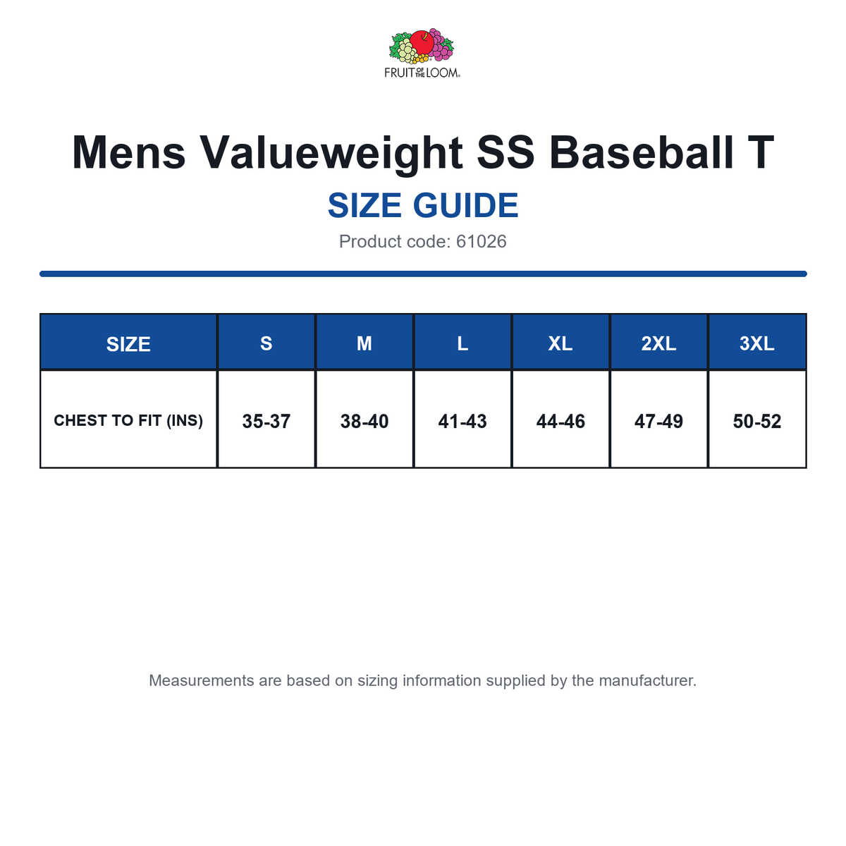 61026 FOTL Mens Valueweight SS Baseball T size guide (61026)
