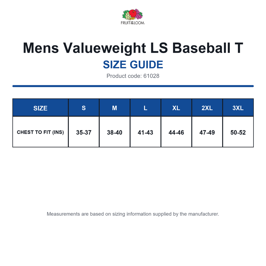61028 FOTL Mens Valueweight LS Baseball T size guide (61028)