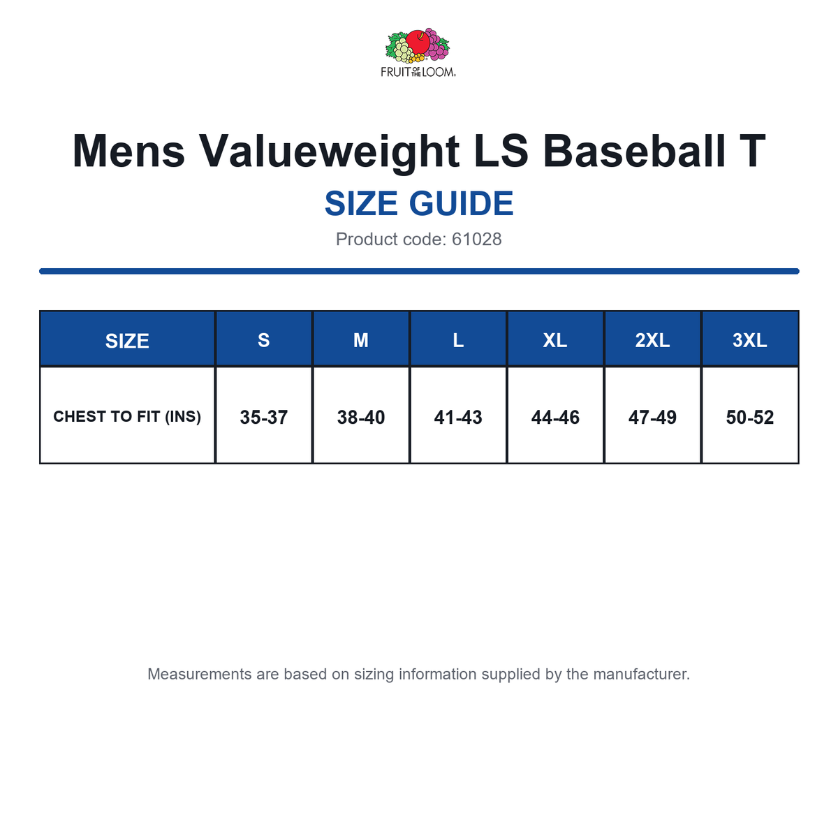 61028 FOTL Mens Valueweight LS Baseball T size guide (61028)