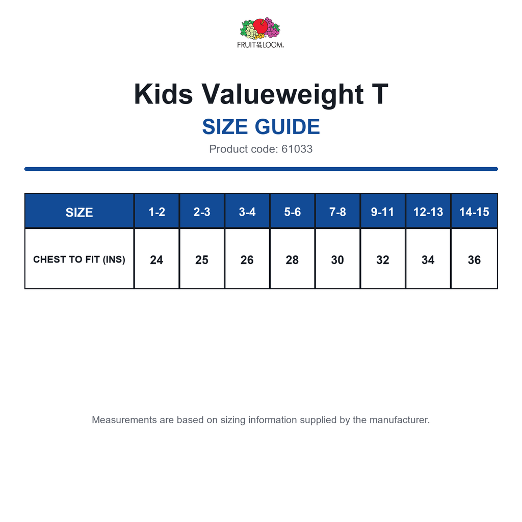 61033 FOTL Kids Valueweight T size guide (61033)