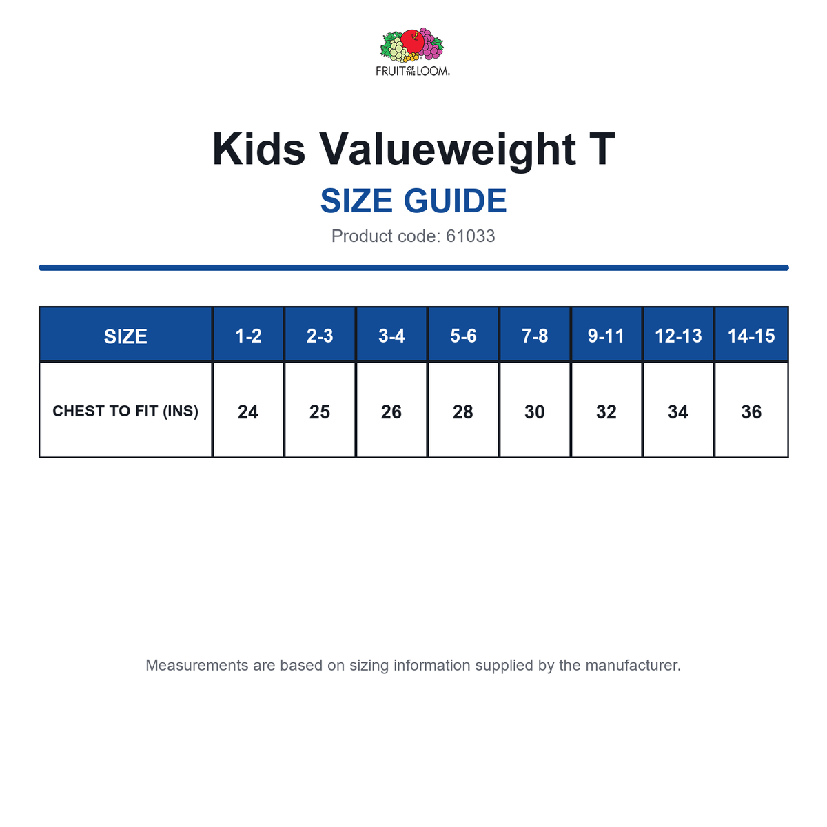 61033 FOTL Kids Valueweight T size guide (61033)