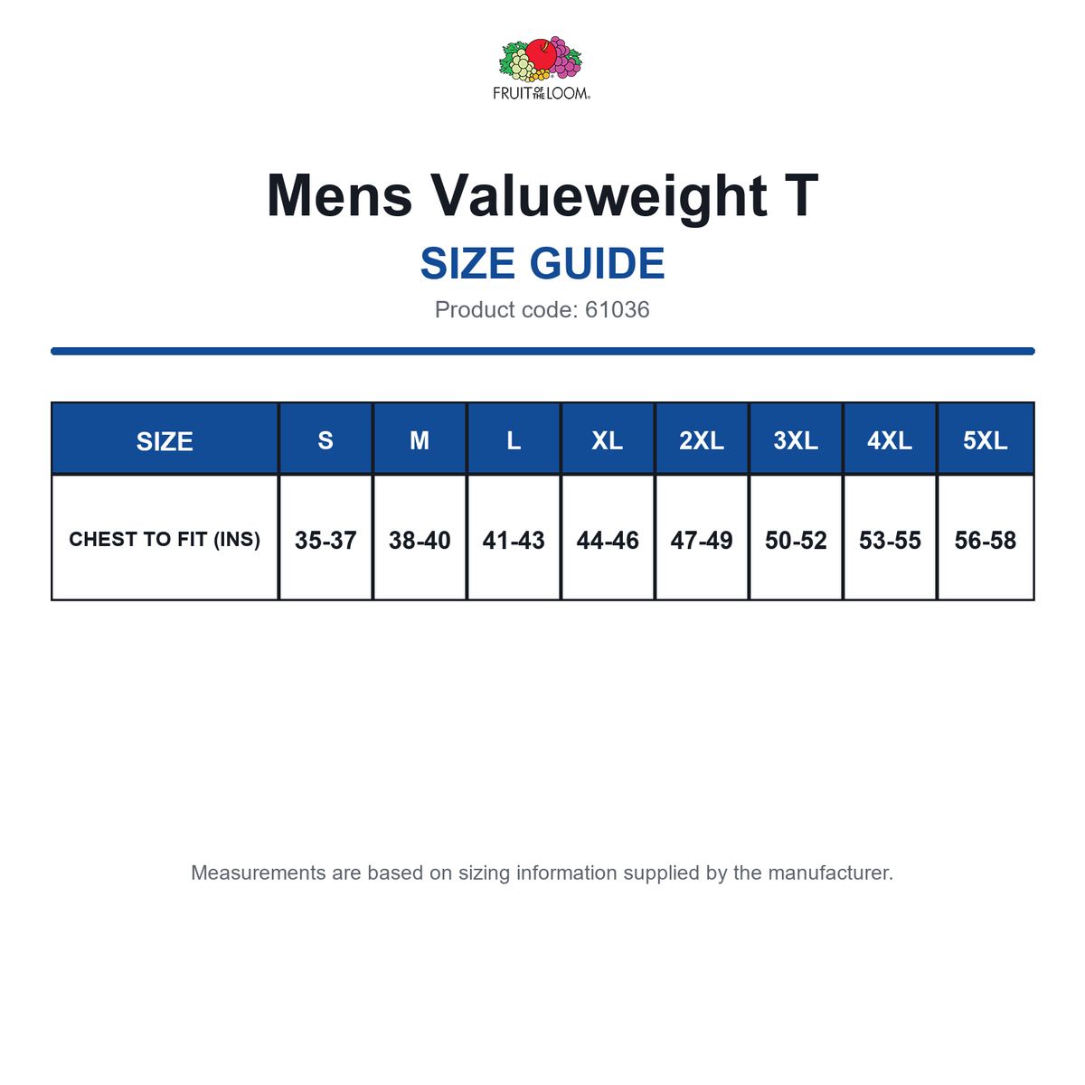 61036 FOTL Mens Valueweight T size guide (61036)