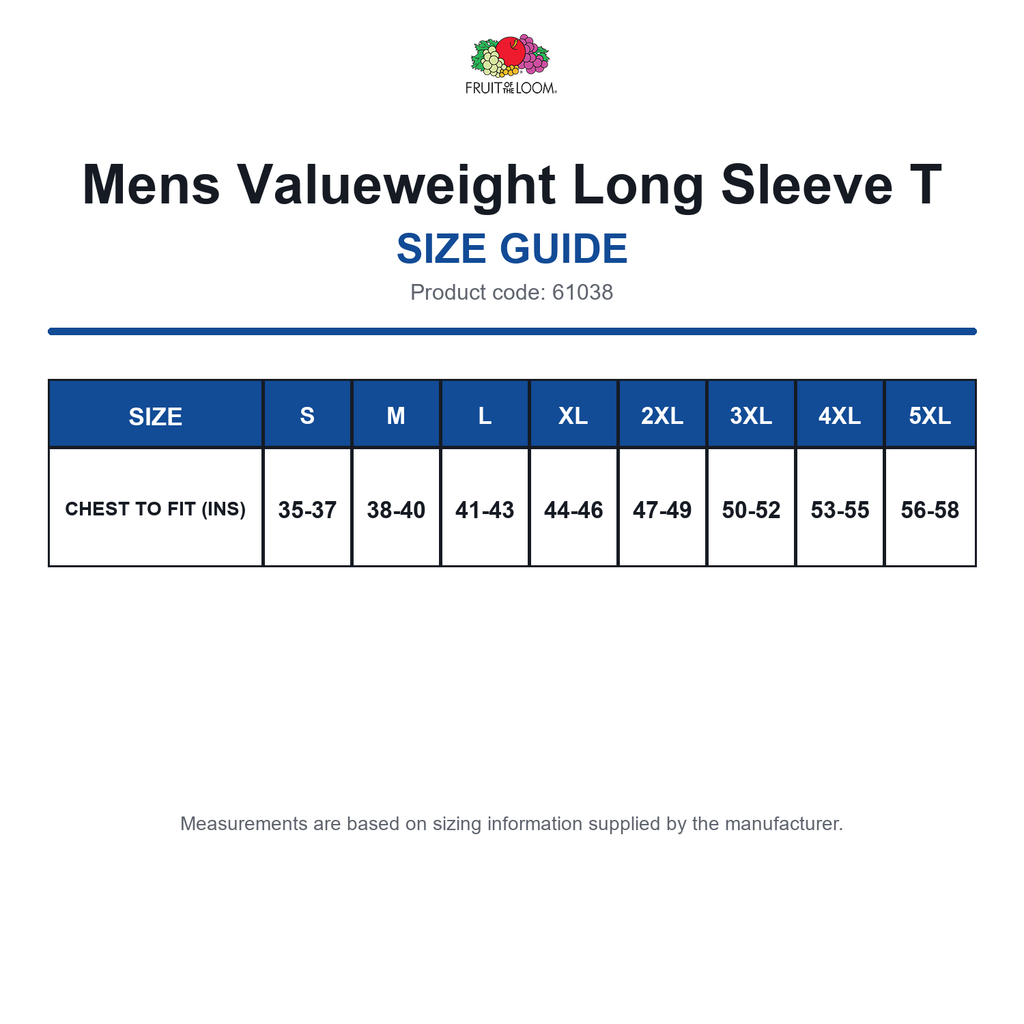 61038 FOTL Mens Valueweight Long Sleeve T size guide (61038)