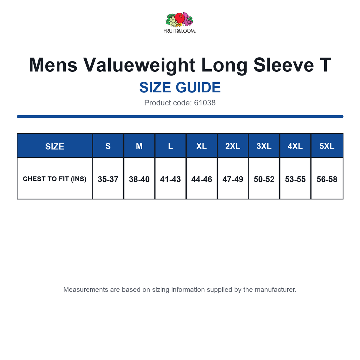 61038 FOTL Mens Valueweight Long Sleeve T size guide (61038)