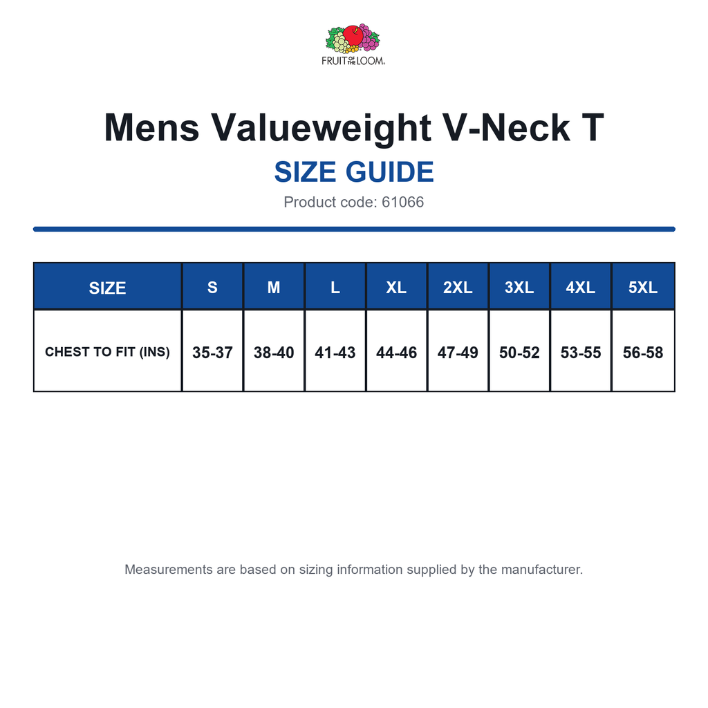 61066 FOTL Mens Valueweight V-Neck T size guide (61066)