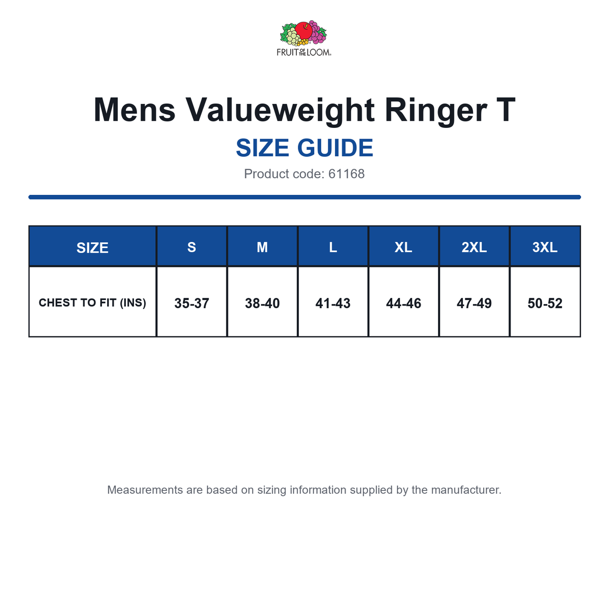 61168 FOTL Mens Valueweight Ringer T size guide (61168)