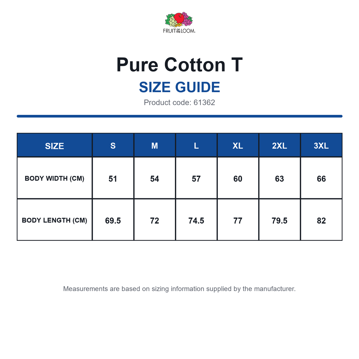 61362 FOTL Pure Cotton T size guide (61362)
