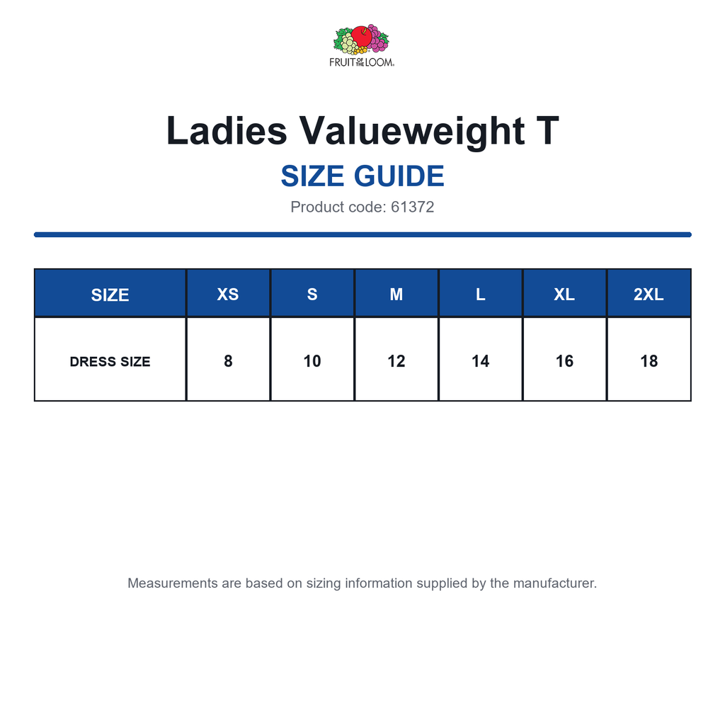 61372 FOTL Ladies Valueweight T size guide (61372)