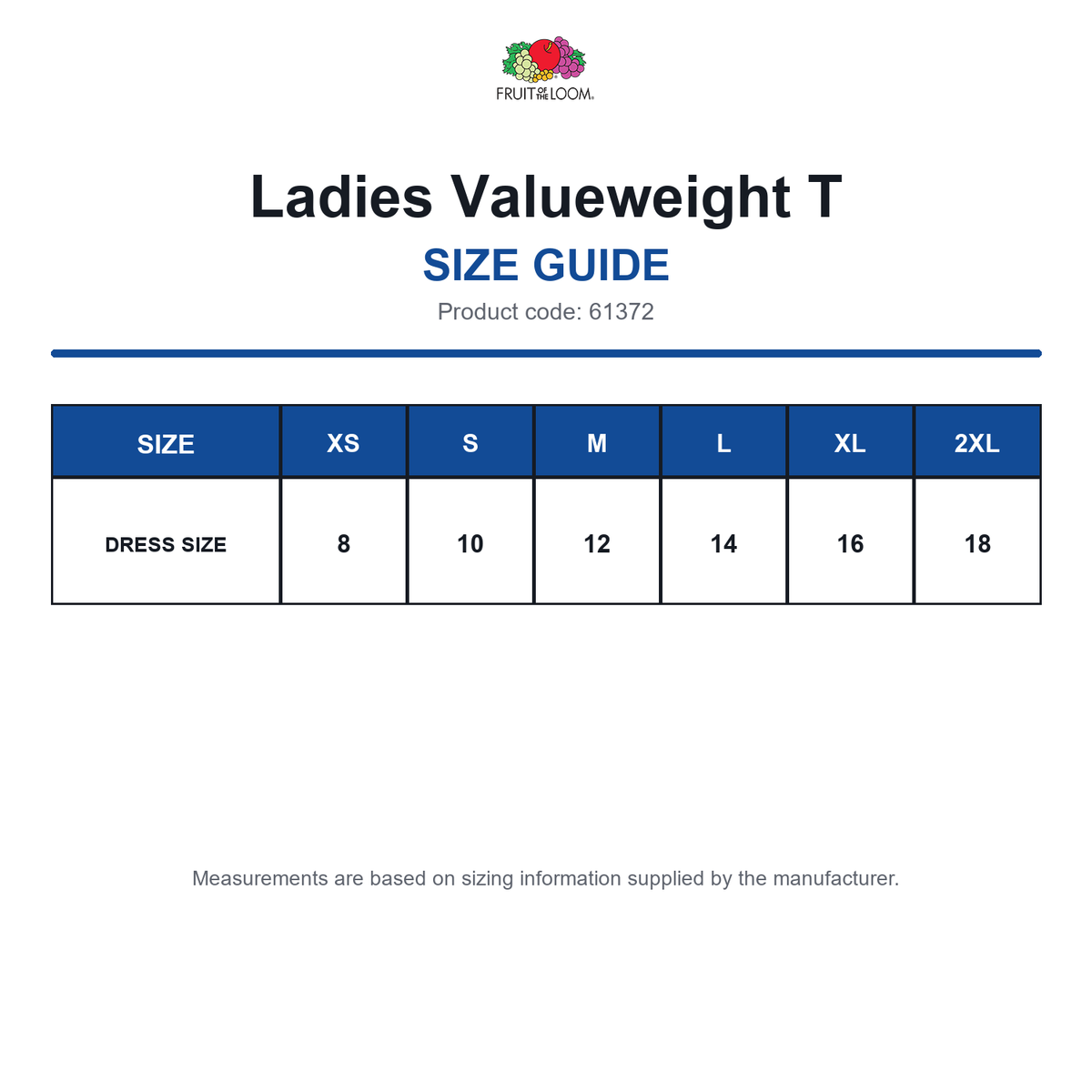 61372 FOTL Ladies Valueweight T size guide (61372)