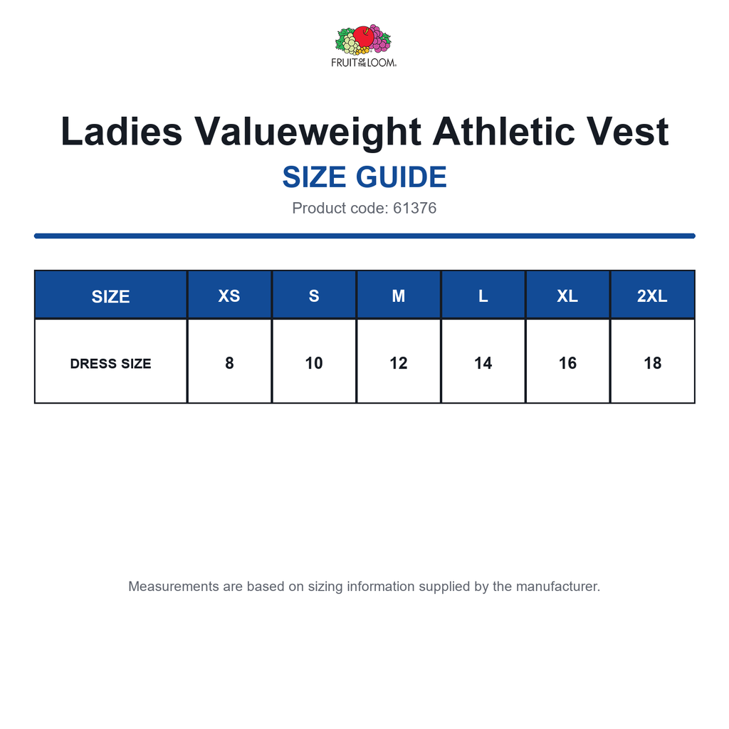 61376 FOTL Ladies Valueweight Athletic Vest size guide (61376)