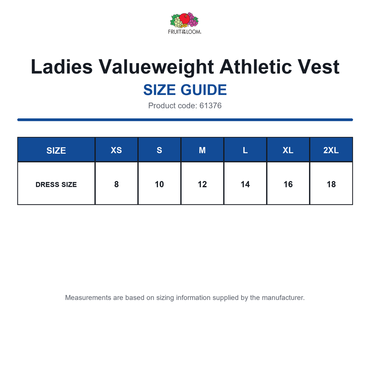 61376 FOTL Ladies Valueweight Athletic Vest size guide (61376)