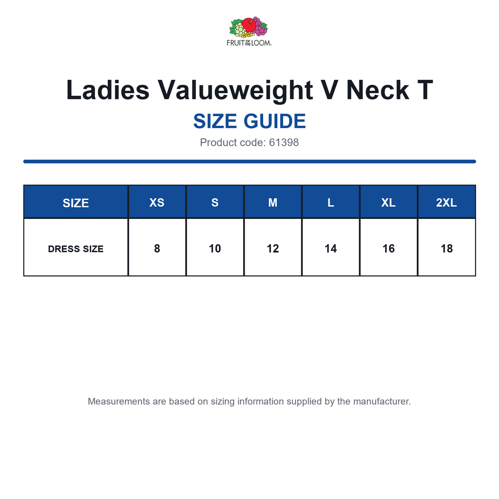61398 FOTL Ladies Valueweight V Neck T size guide (61398)
