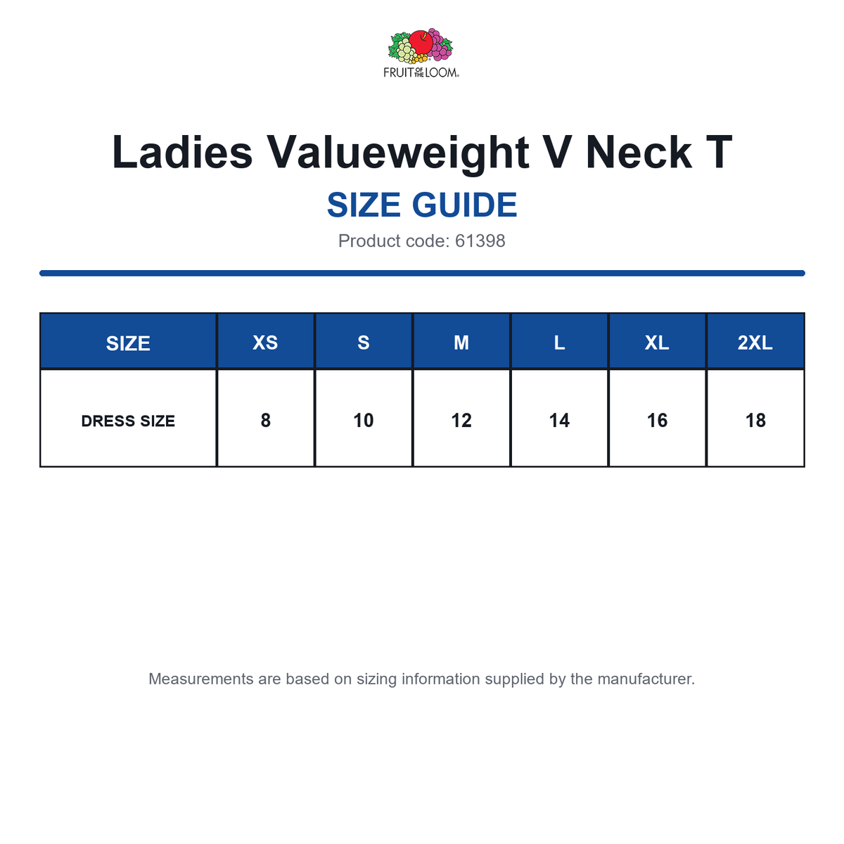 61398 FOTL Ladies Valueweight V Neck T size guide (61398)