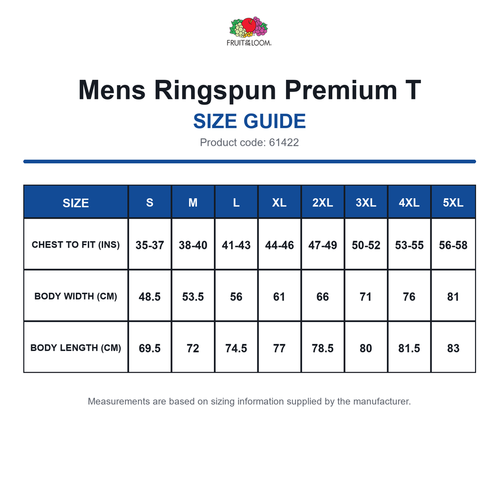61422 FOTL Mens Ringspun Premium T size guide (61422)