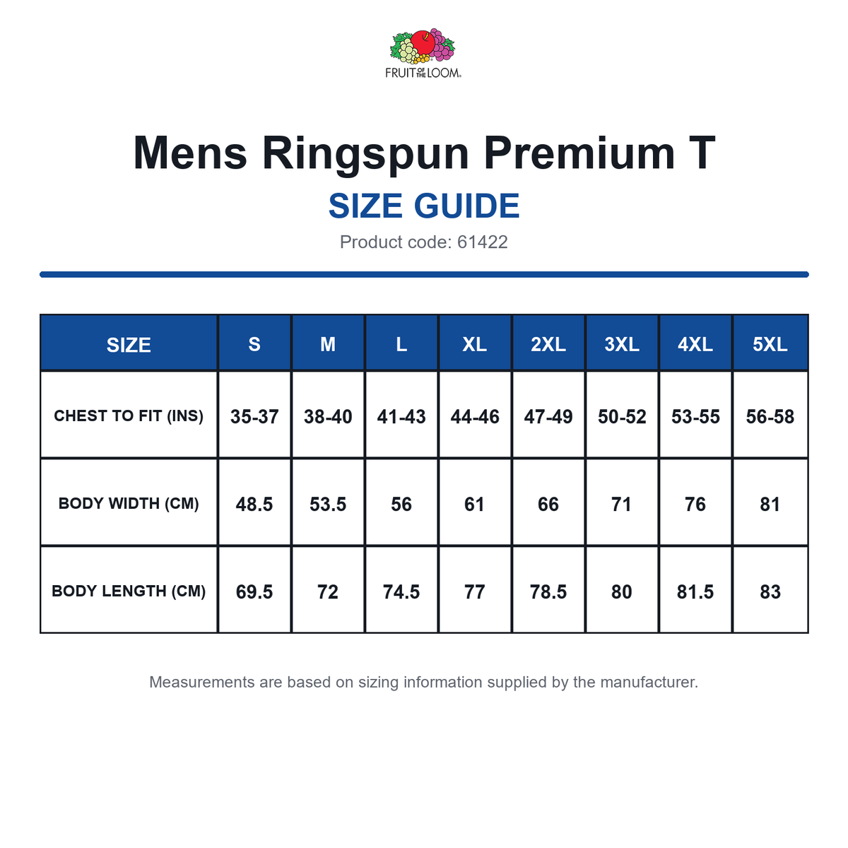 61422 FOTL Mens Ringspun Premium T size guide (61422)