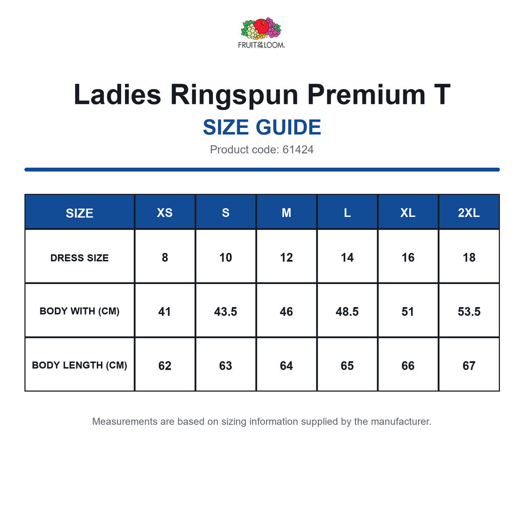 61424 FOTL Ladies Ringspun Premium T size guide (61424)