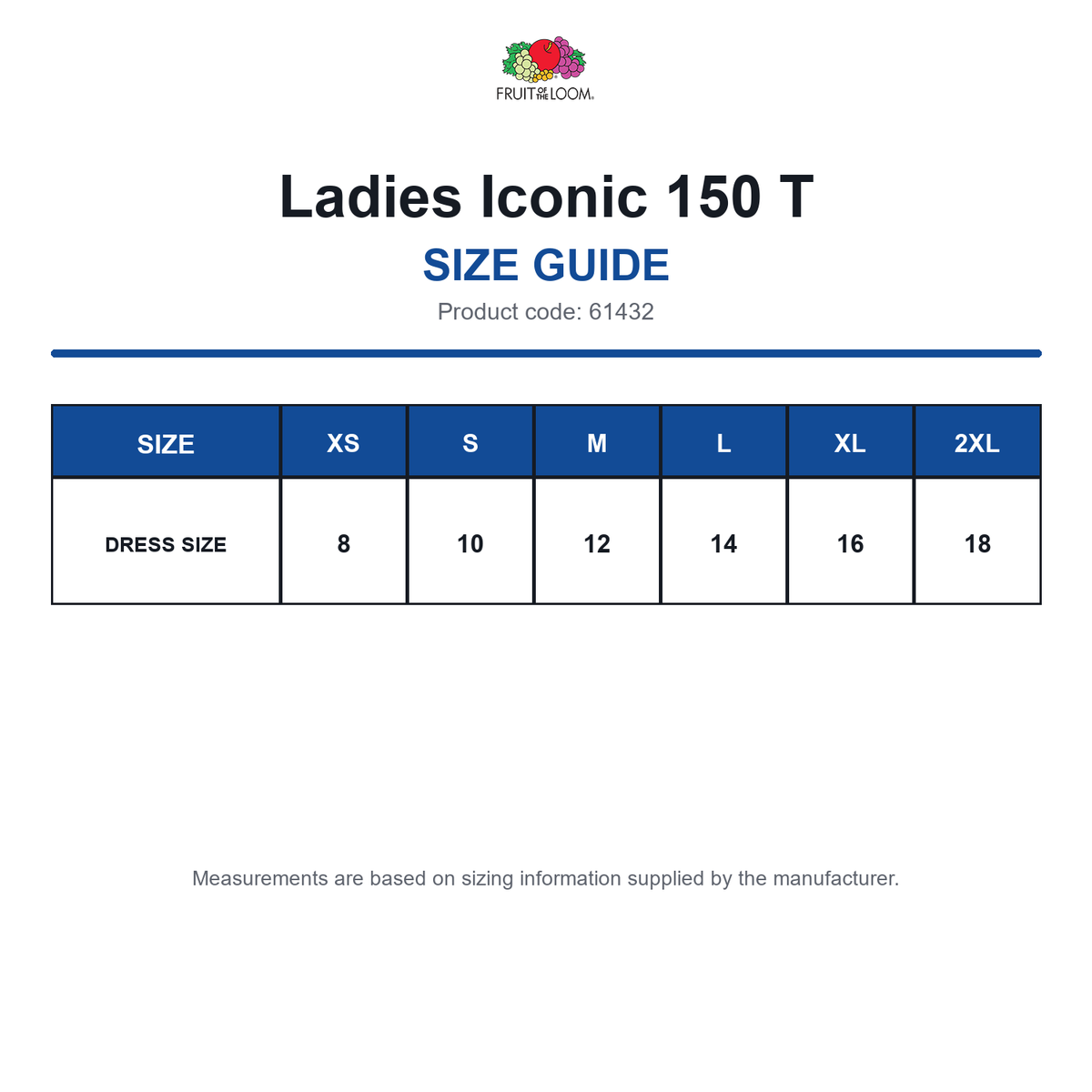 61432 FOTL Ladies Iconic 150 T size guide (61432)