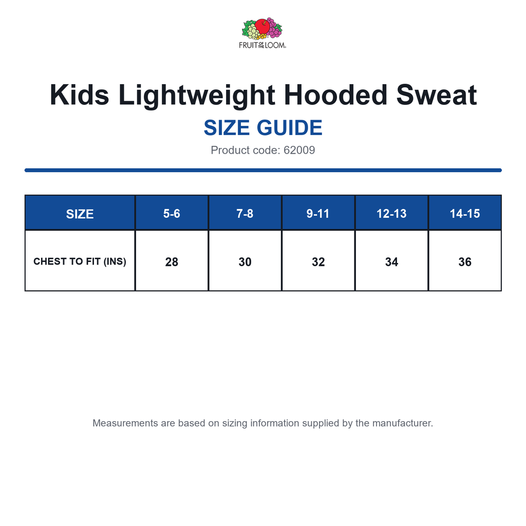 62009 FOTL Kids Lightweight Hooded Sweat size guide (62009)