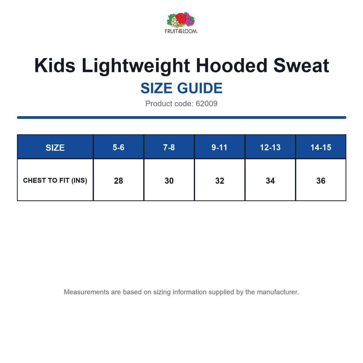 62009 FOTL Kids Lightweight Hooded Sweat size guide (62009)