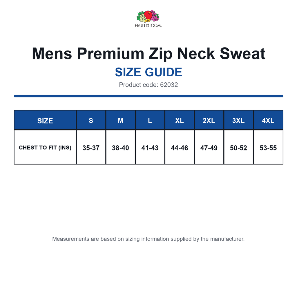 62032 FOTL Mens Premium Zip Neck Sweat size guide (62032)