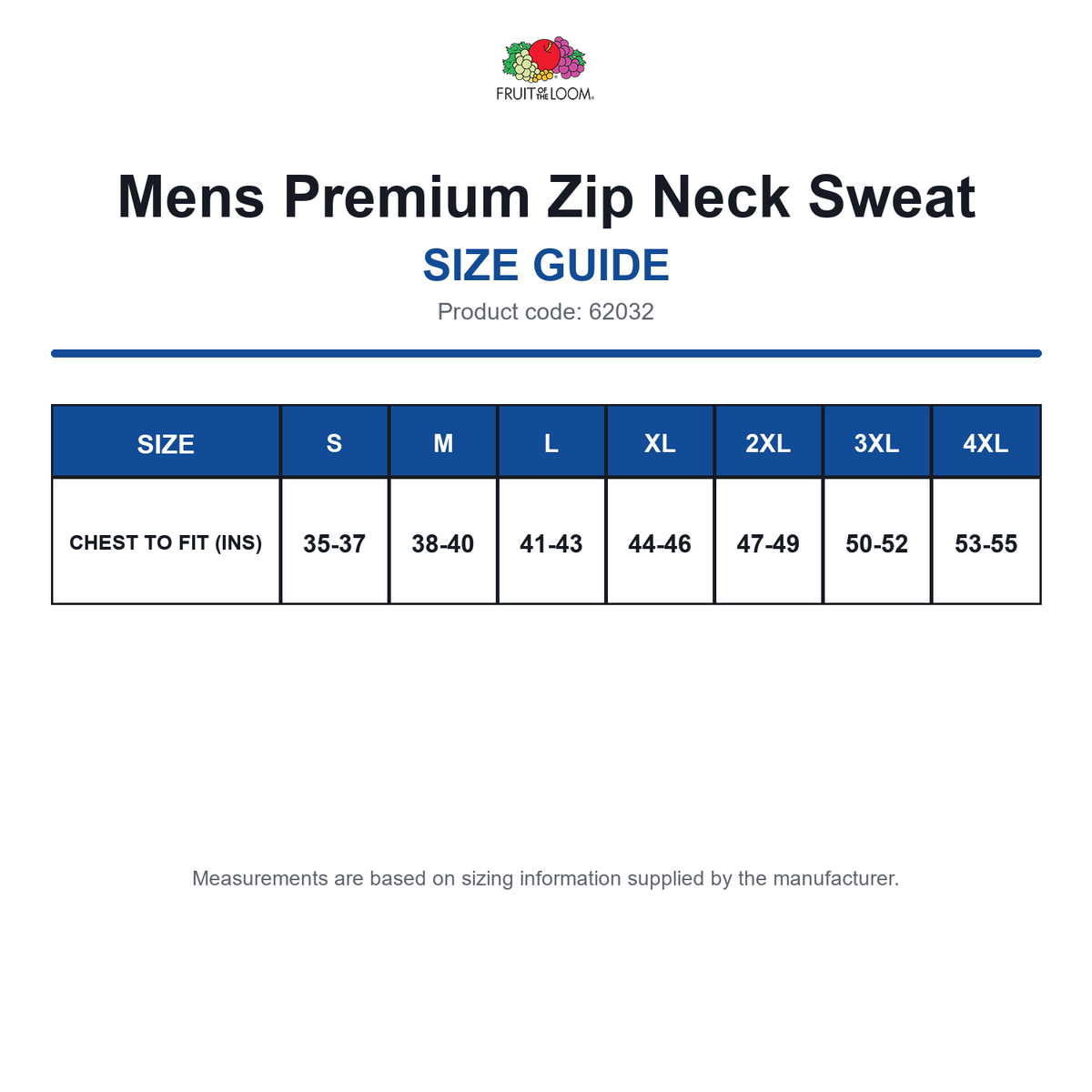 62032 FOTL Mens Premium Zip Neck Sweat size guide (62032)
