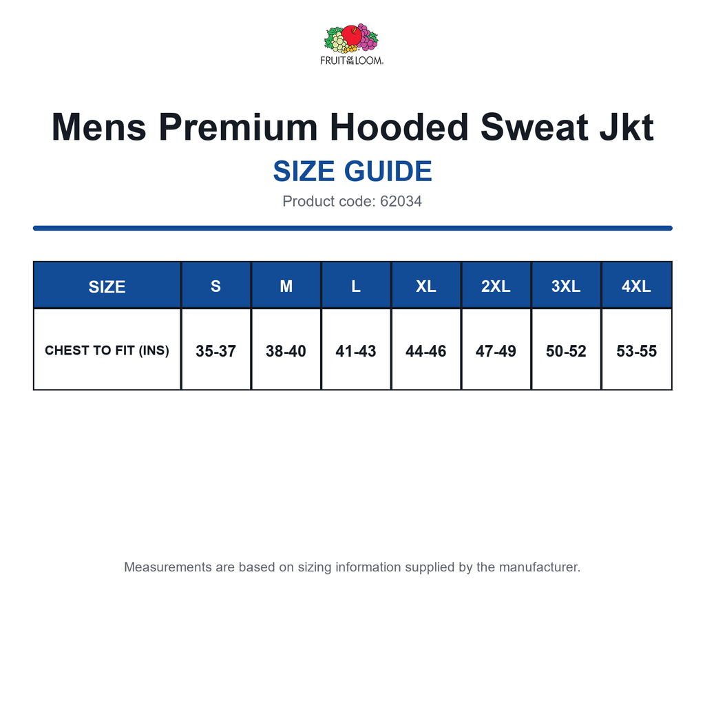 62034 FOTL Mens Premium Hooded Sweat Jkt size guide (62034)