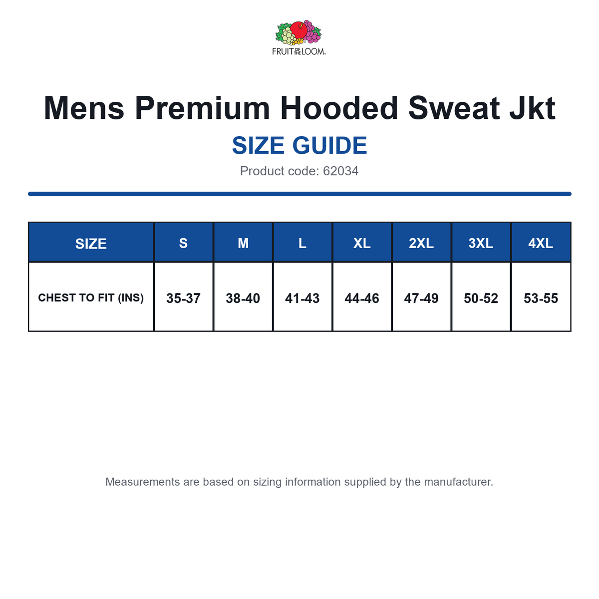 62034 FOTL Mens Premium Hooded Sweat Jkt size guide (62034)