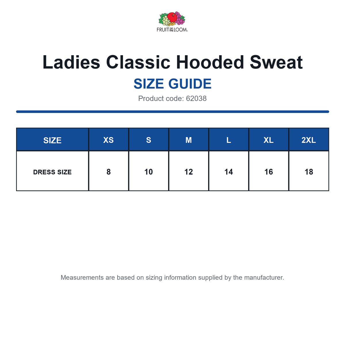 62038 FOTL Ladies Classic Hooded Sweat size guide (62038)