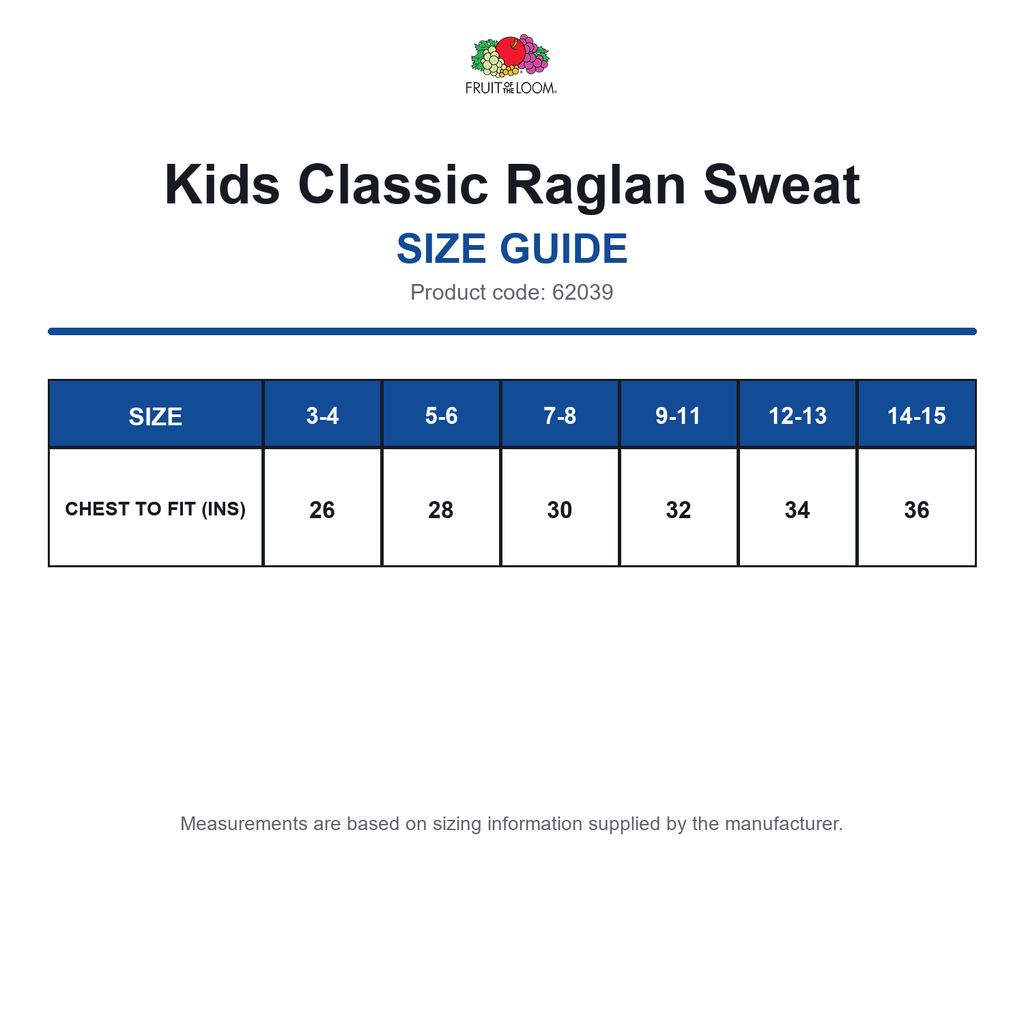 62039 FOTL Kids Classic Raglan Sweat size guide (62039)
