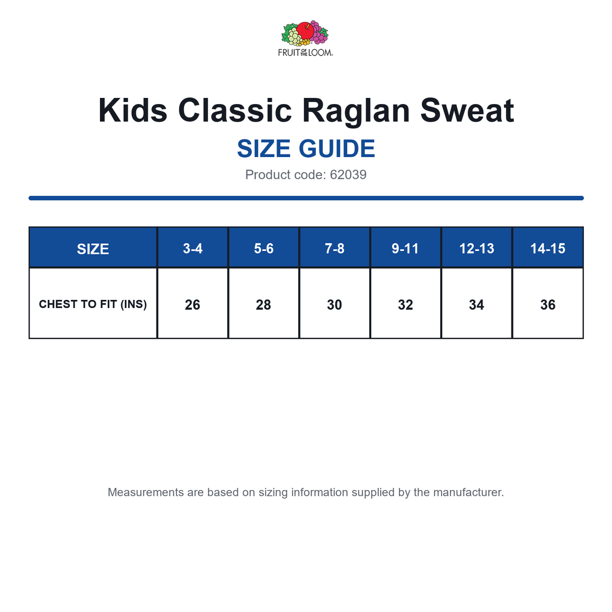 62039 FOTL Kids Classic Raglan Sweat size guide (62039)