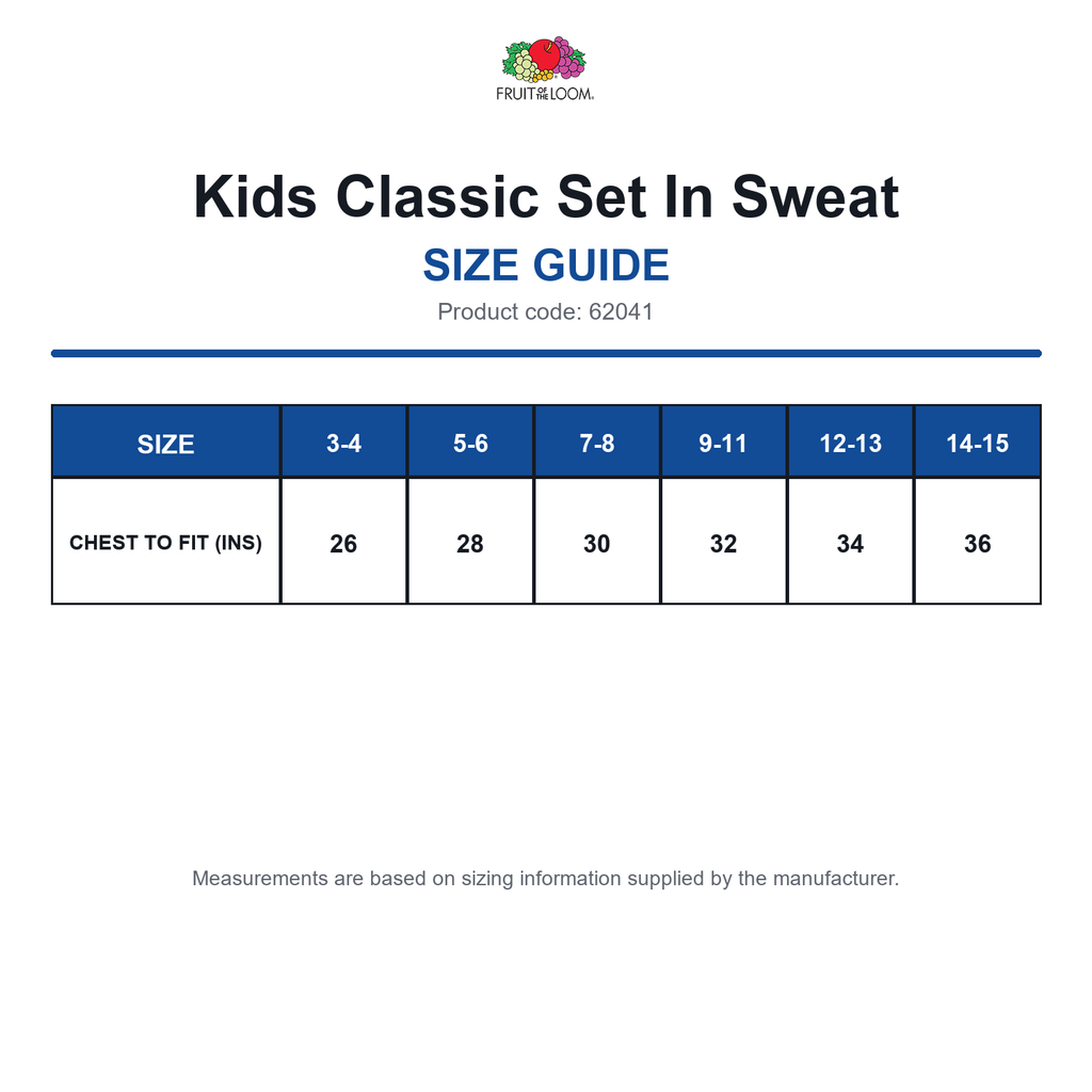 62041 FOTL Kids Classic Set In Sweat size guide (62041)