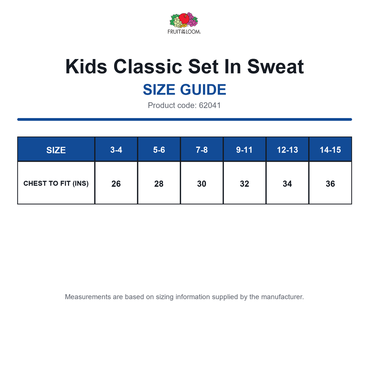 62041 FOTL Kids Classic Set In Sweat size guide (62041)