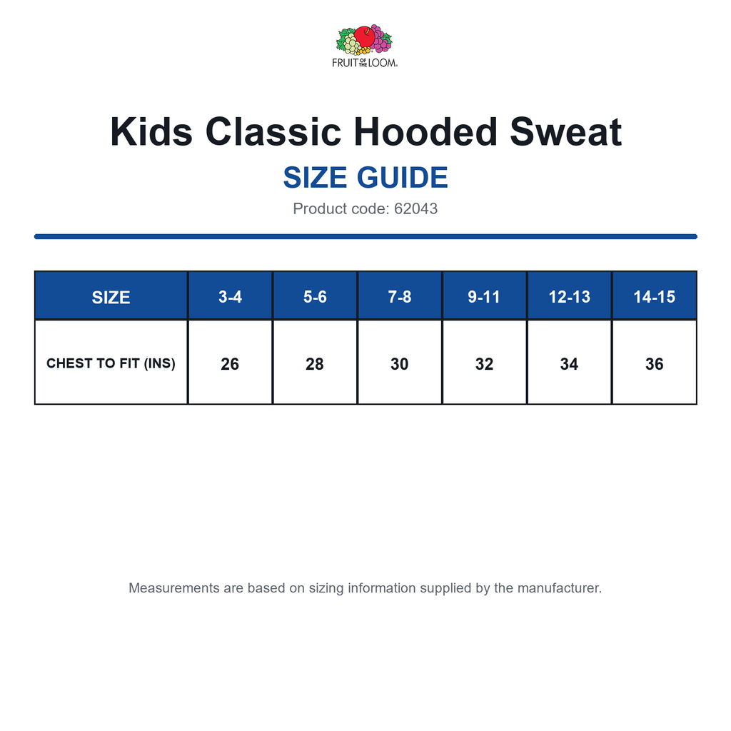 62043 FOTL Kids Classic Hooded Sweat size guide (62043)