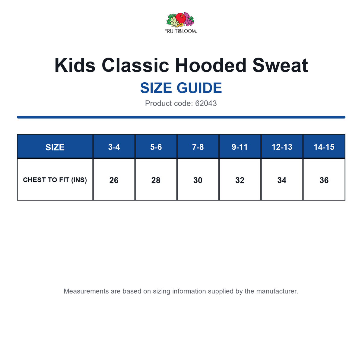 62043 FOTL Kids Classic Hooded Sweat size guide (62043)