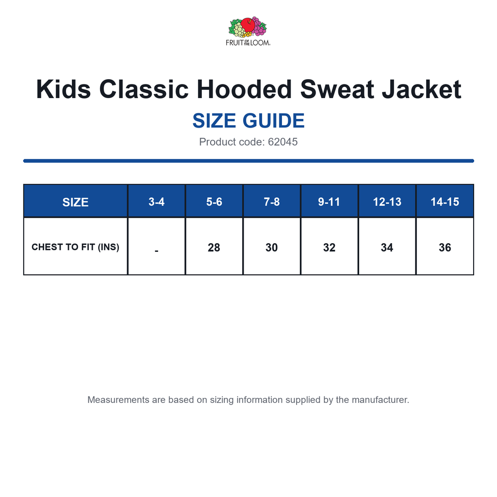 62045 FOTL Kids Classic Hooded Sweat Jacket size guide (62045)