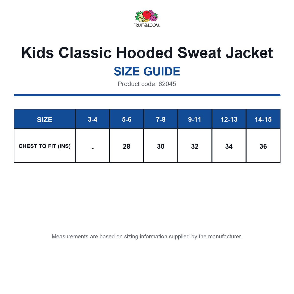 62045 FOTL Kids Classic Hooded Sweat Jacket size guide (62045)