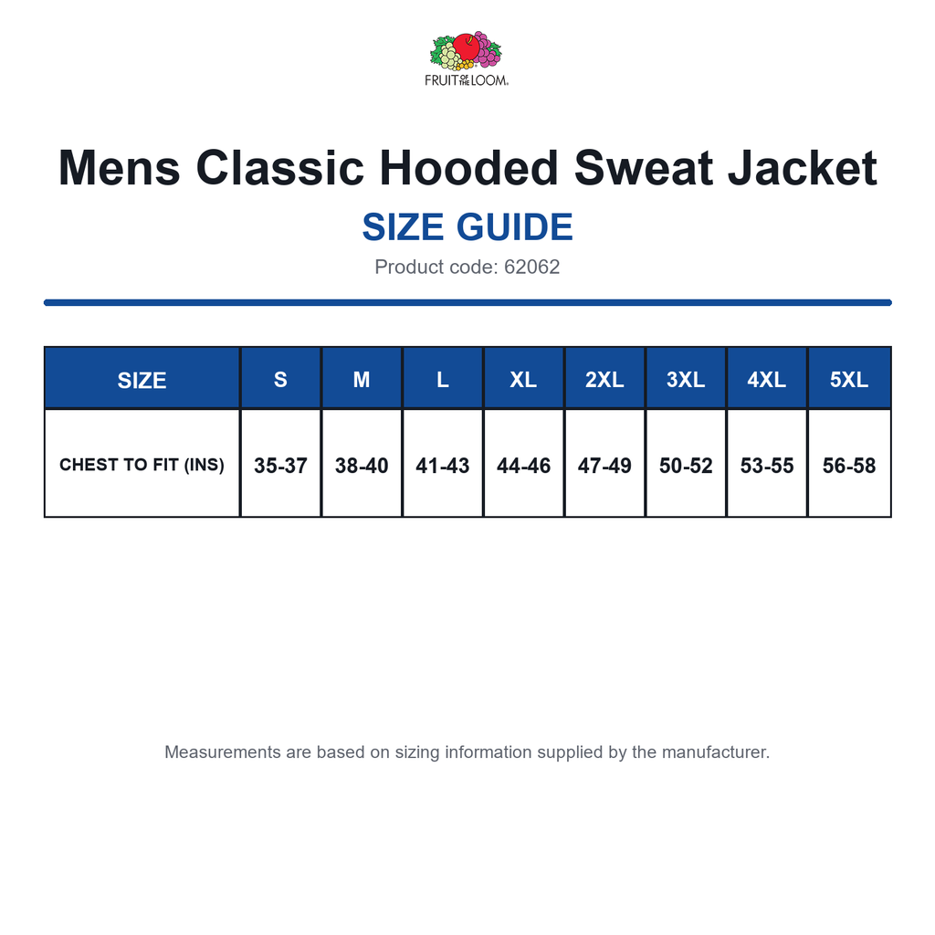 62062 FOTL Mens Classic Hooded Sweat Jacket size guide (62062)