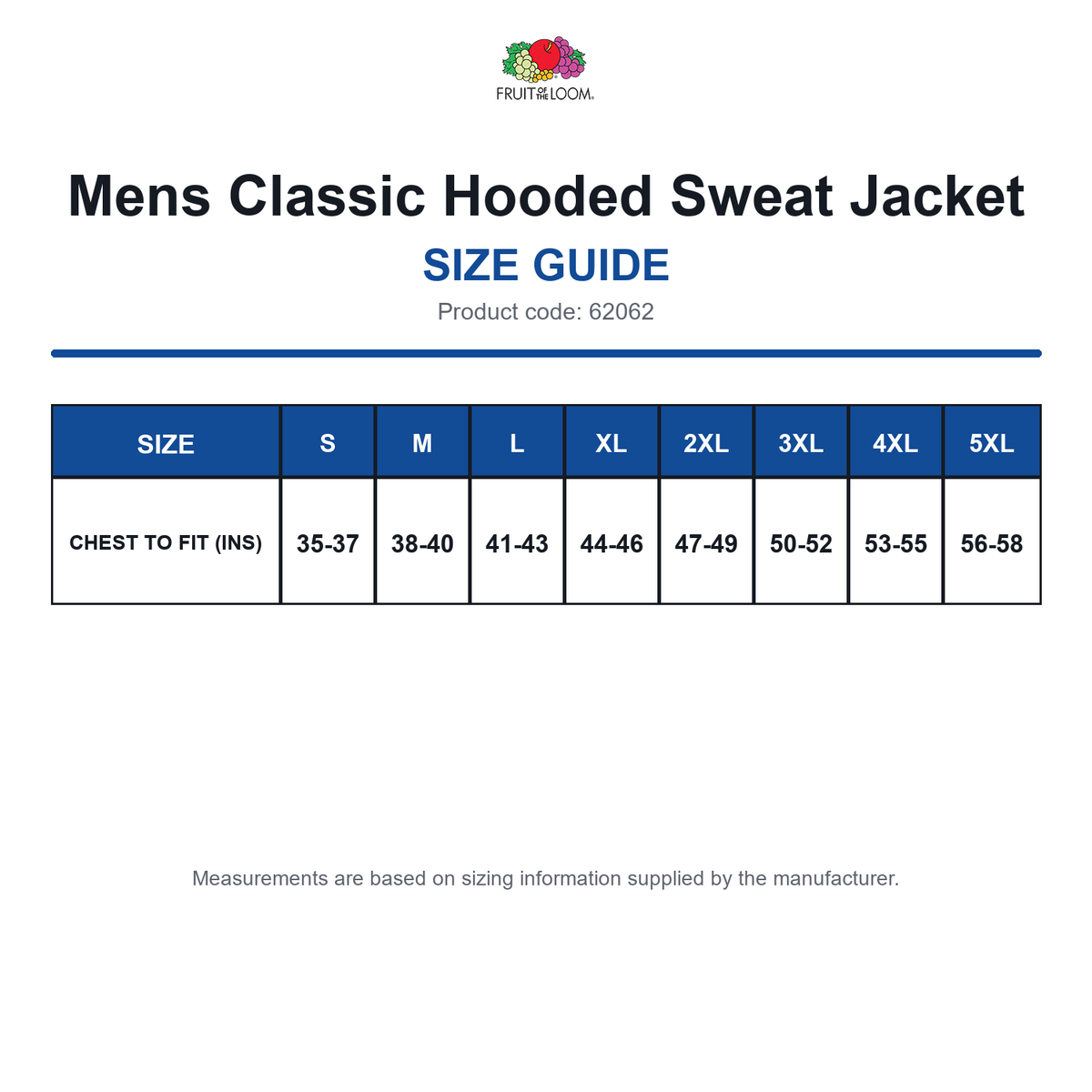 62062 FOTL Mens Classic Hooded Sweat Jacket size guide (62062)