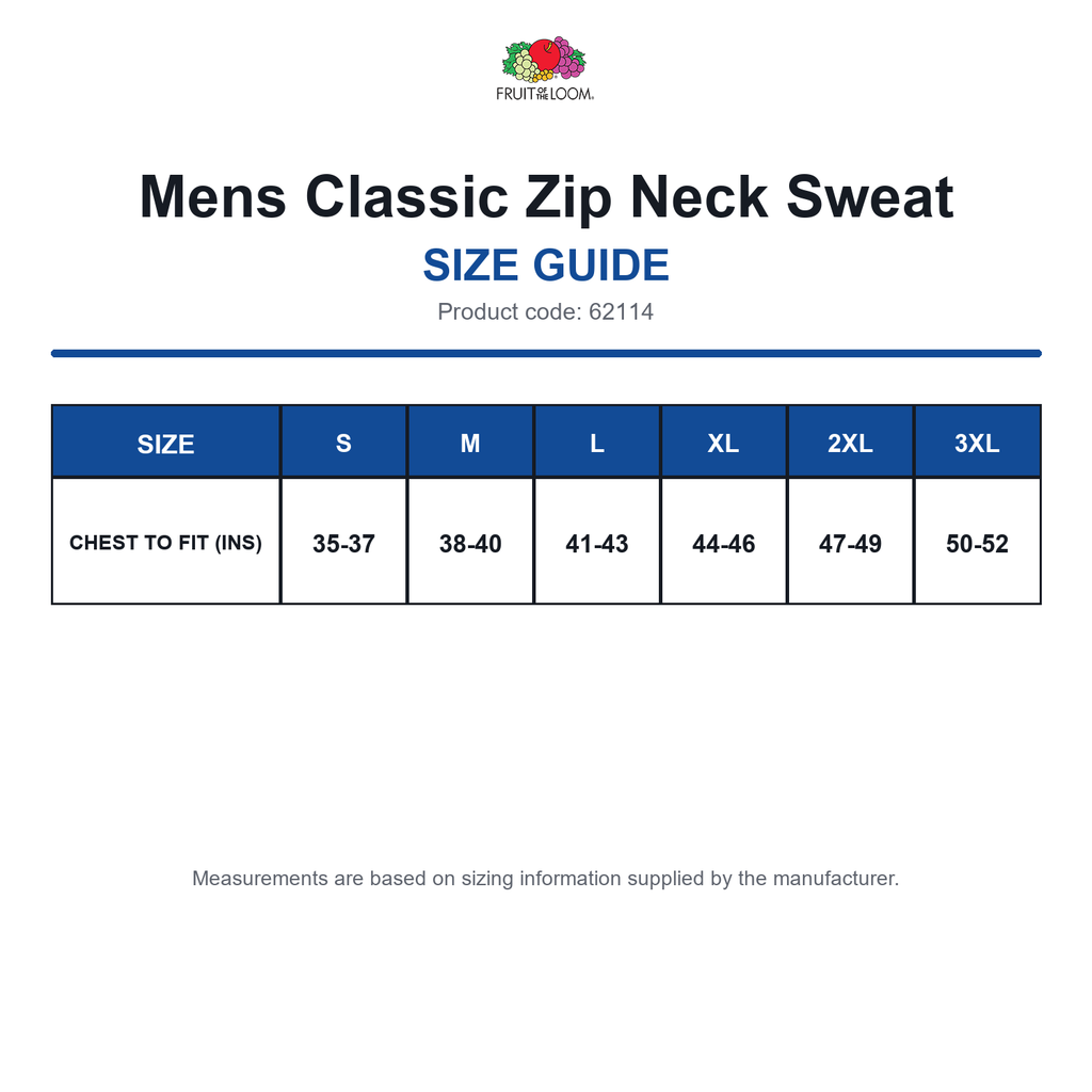 62114 FOTL Mens Classic Zip Neck Sweat size guide (62114)