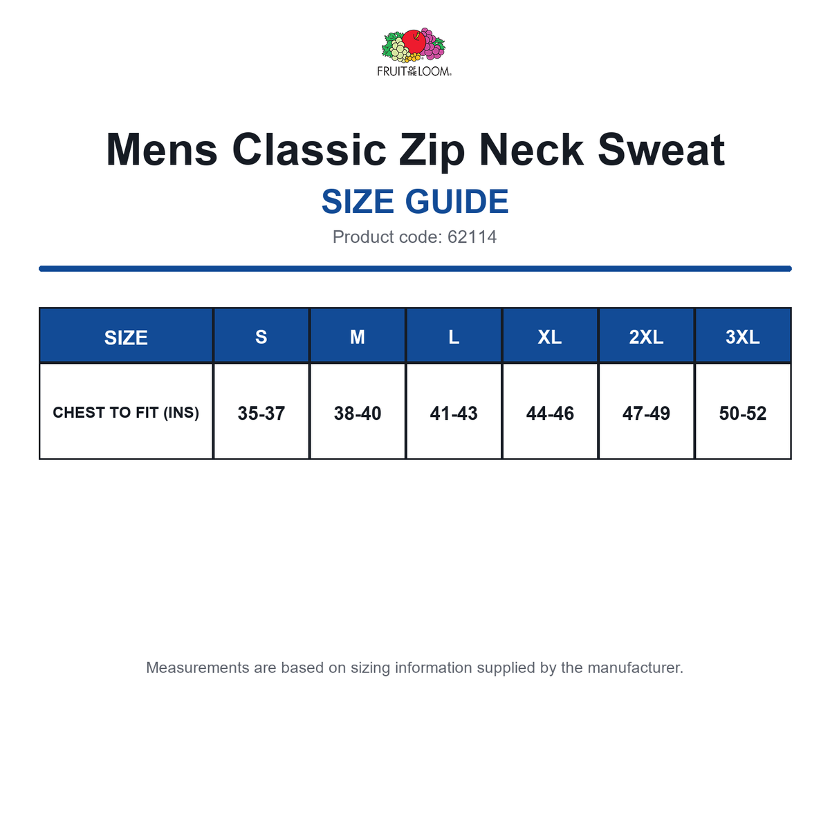 62114 FOTL Mens Classic Zip Neck Sweat size guide (62114)