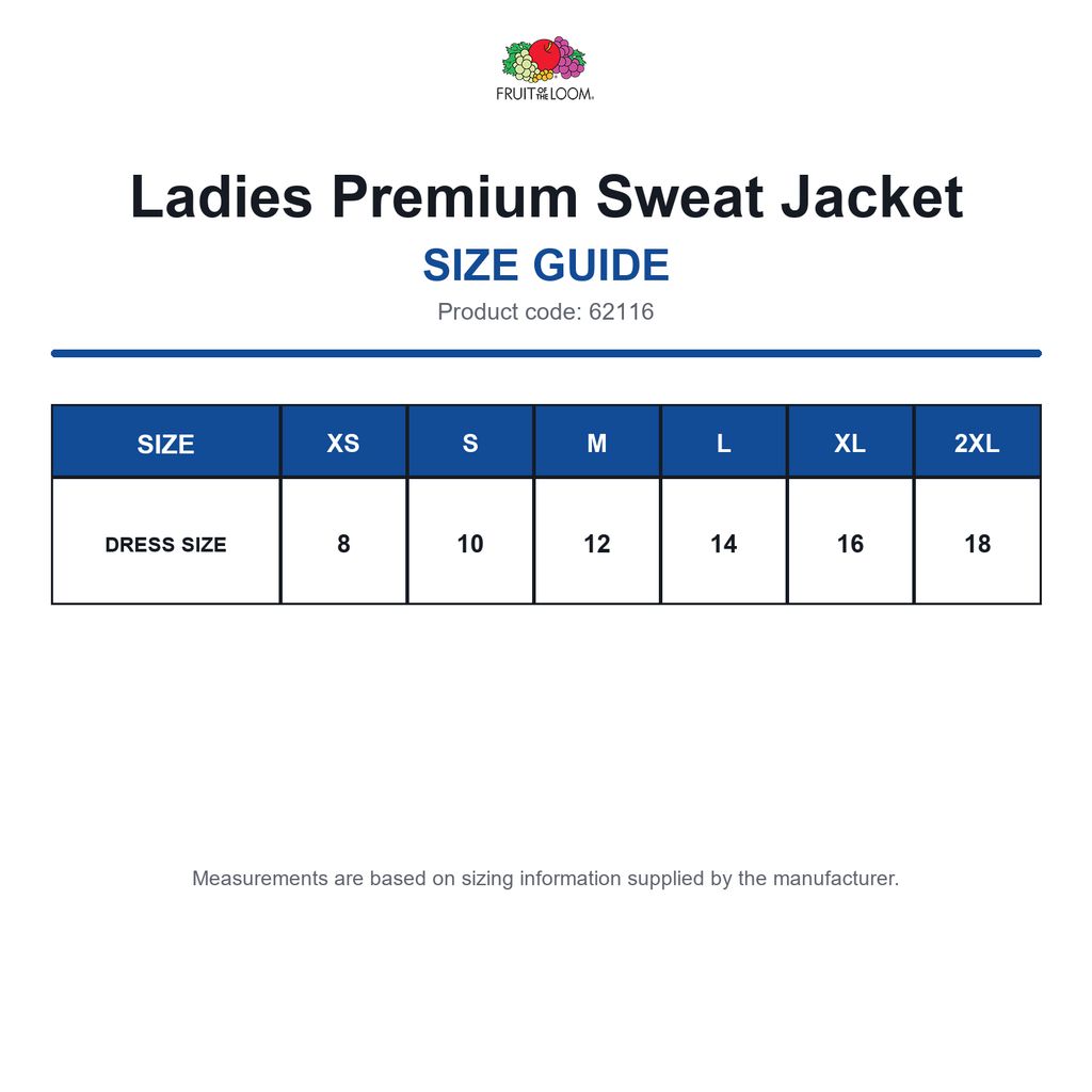 62116 FOTL Ladies Premium Sweat Jacket size guide (62116)