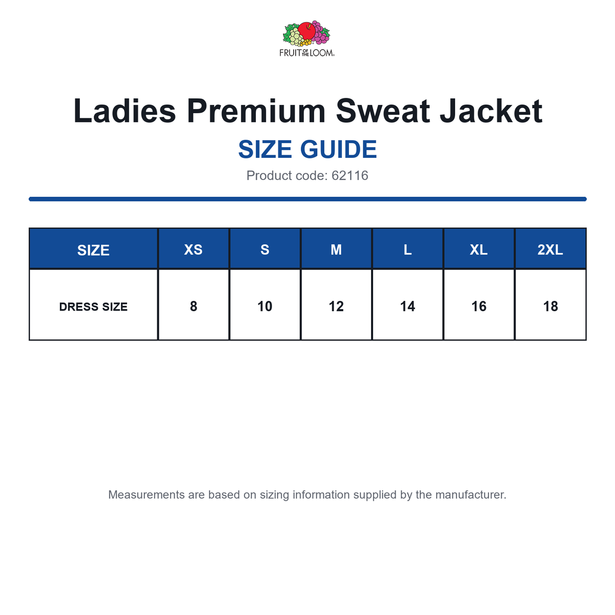 62116 FOTL Ladies Premium Sweat Jacket size guide (62116)