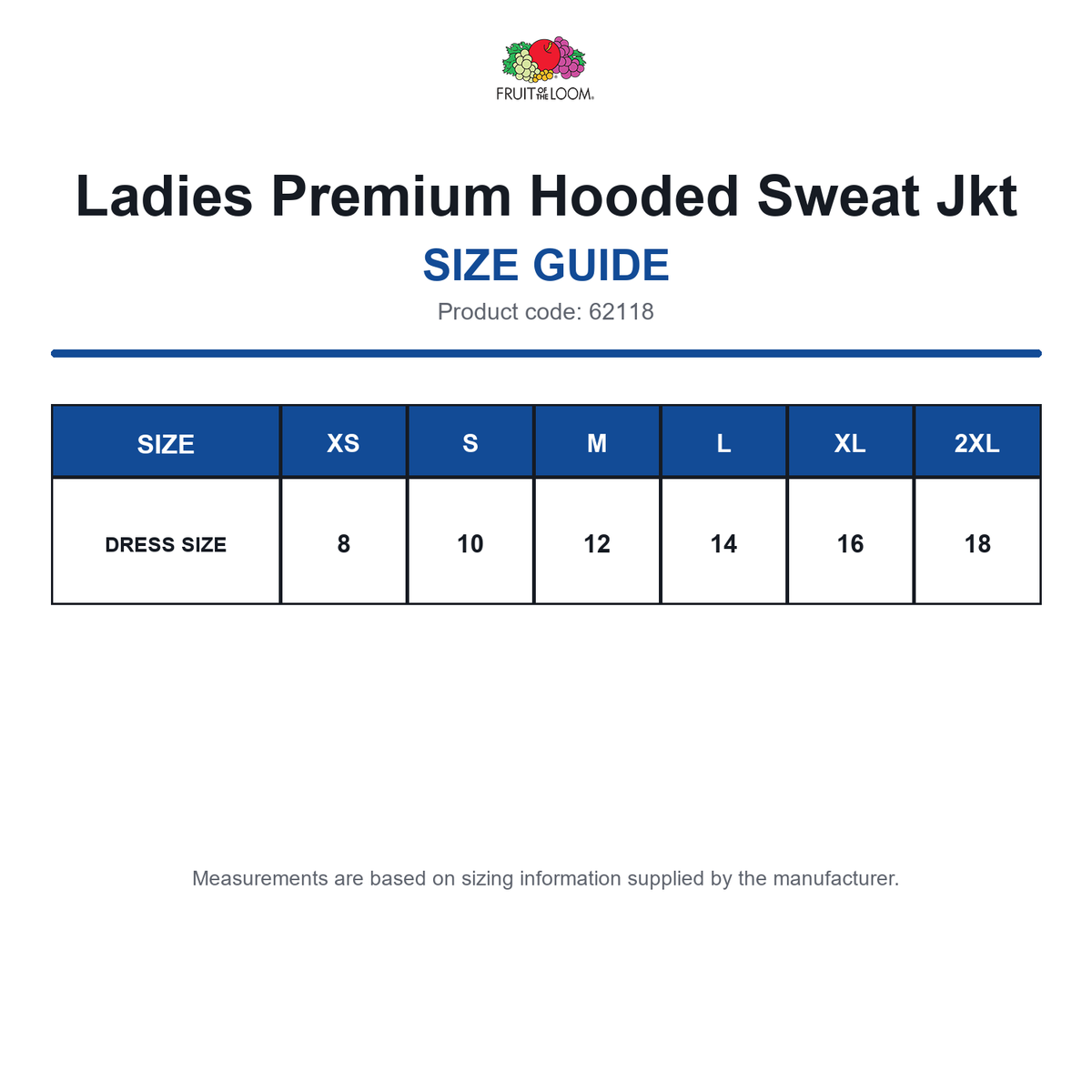 62118 FOTL Ladies Premium Hooded Sweat Jkt size guide (62118)