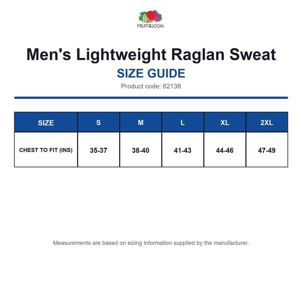 62138 FOTL Men's Lightweight Raglan Sweat size guide (62138)