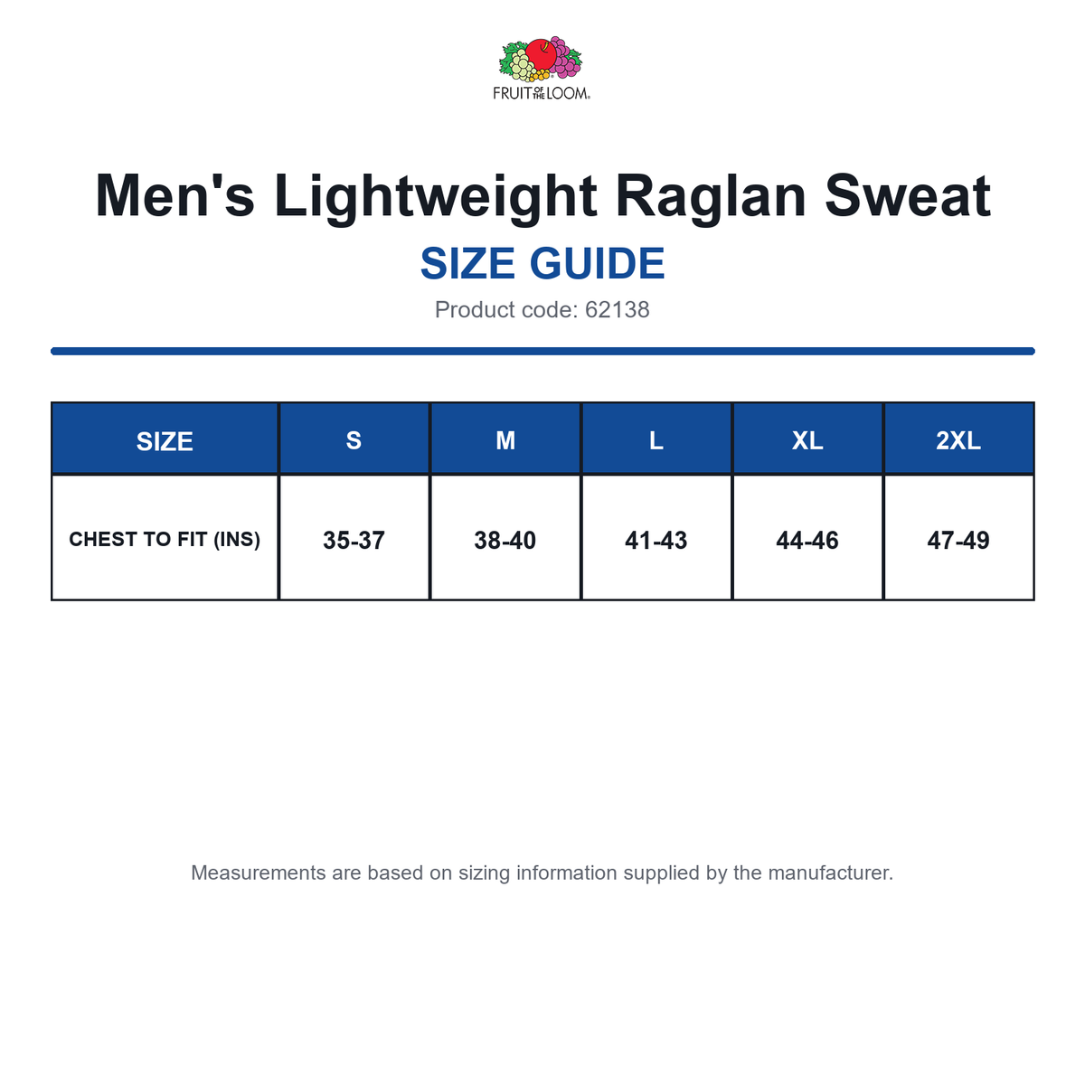 62138 FOTL Men's Lightweight Raglan Sweat size guide (62138)